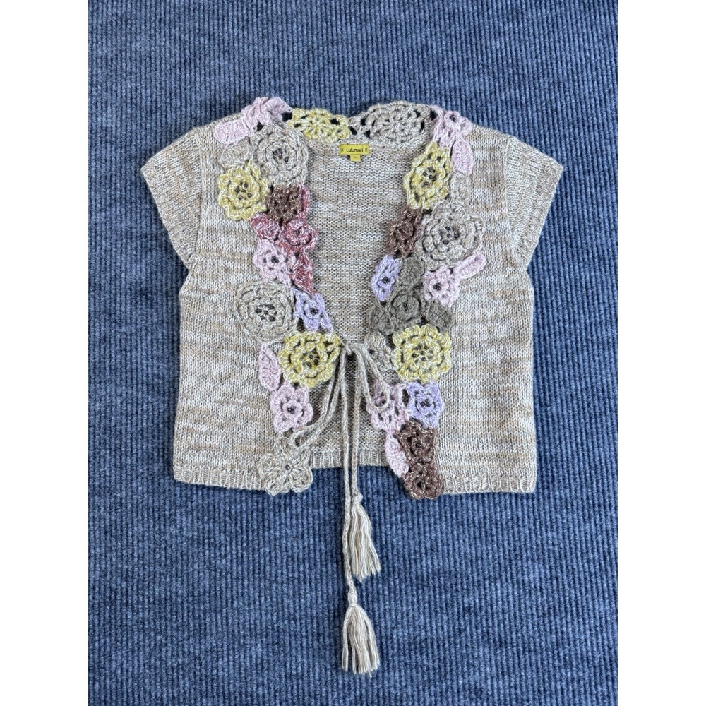 Cottagecore Beige Floral Crochet Accent‎ Open Knit Cardigan L Short Sleeve